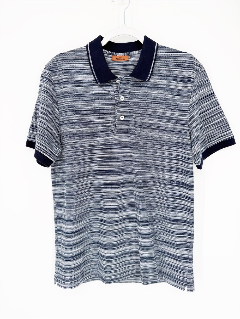 Missoni Polo Shirt Space-Dye Piqué Knit Stripe Cotton NavyBlue White Stripe
